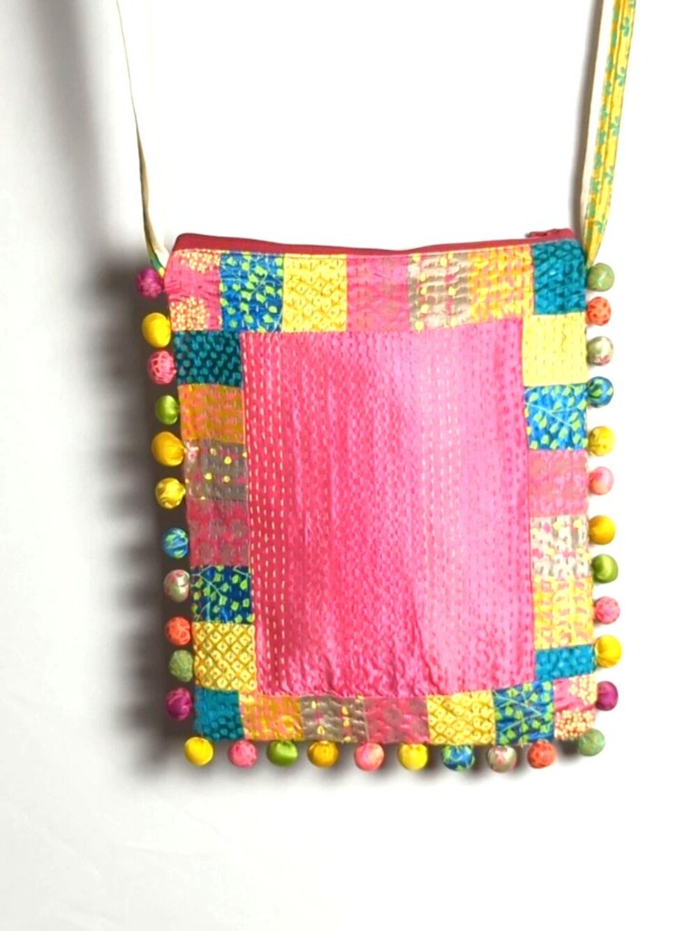 Summertime Silk Boho Patchwork Crossbody Bag Colorful Pom Pom Trim Purse